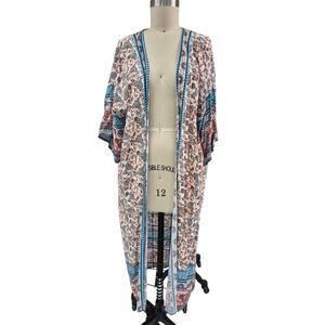 Kimono Style lightweight Floral Border Print BoHo coat full length Cotton O/S